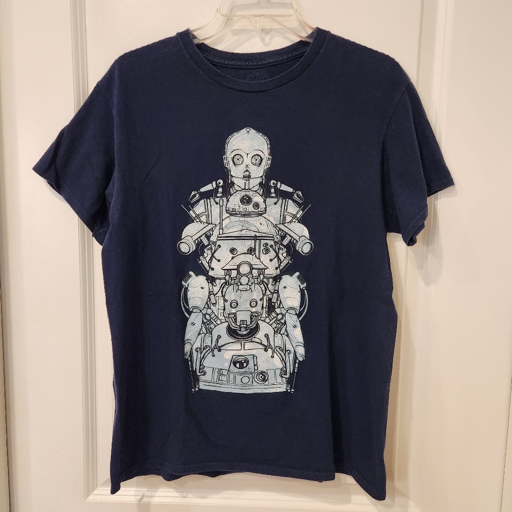 Star Wars Droid Tower Dark Blue Graphic Print T-Shirt Lucas Films R2D2 C-3PO